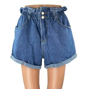 Plaid & Plain Women's Blue High Rise Paperbag Cuffed Denim Jean Shorts Size M